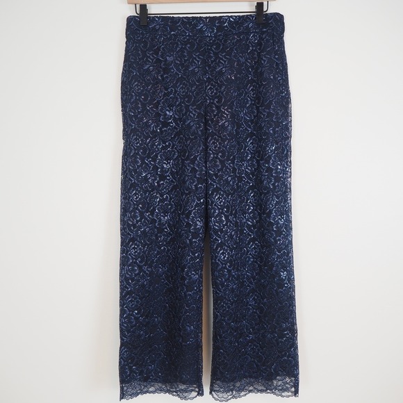 J. Crew Peyton High-Rise Pull-On Wide-Leg Pants Navy Metallic Lace Size 10 - Picture 2 of 11